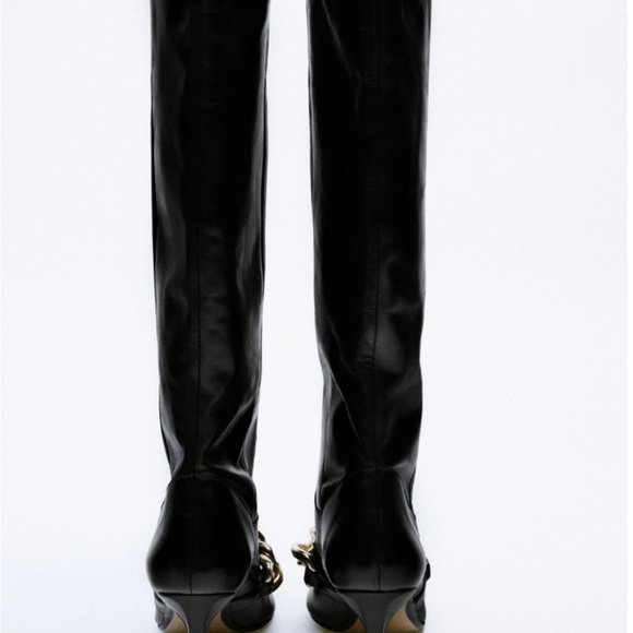 Zara Heeled Leather Knee High Boots With Chain Detail - Picture 6 of 16